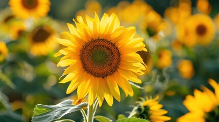 Fototapeta premium A close-up of a sunflower field, with the bright yellow blooms reaching towards the summer sun