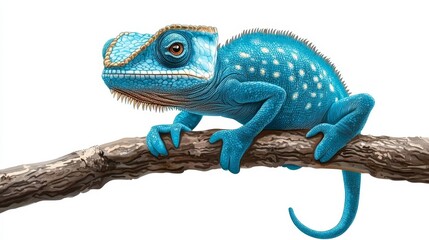Obraz premium Blue Chameleon Perched on Branch Isolated on White Background