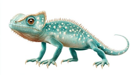 Obraz premium Blue Chameleon Lizard Reptile with Spikes and White Spots on White Background