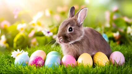 cute rabbit, colorful Easter eggs, spring flowers, pastel color palette, serene background, whimsical, vibrant colors, soft lighting, lush grass, festive atmosphere, photo 