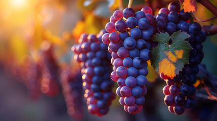 Large bunches of ripe red grapes on the vine at sunset