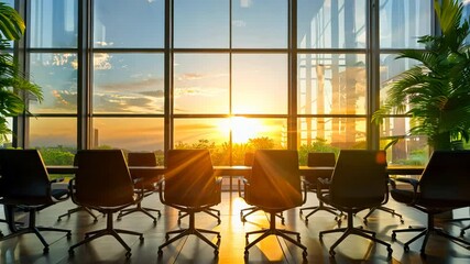 Conference empty room in a sustainable office space, large windows overlooking greenery or urban green spaces, environment concept - Powered by Adobe