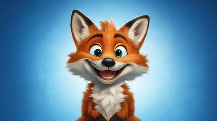 Obraz premium Cute Cartoon Fox with Big Blue Eyes Smiling Against Blue Background