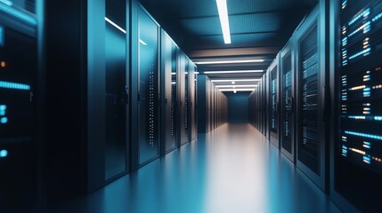 Fototapeta premium Using cloud computing, big data storage, and internet telecommunications for modern business concept: blue light server room interior of a data center