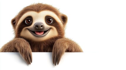 Fototapeta premium Cute Sloth Peeking Over White Background Adorable Animal Funny Wildlife