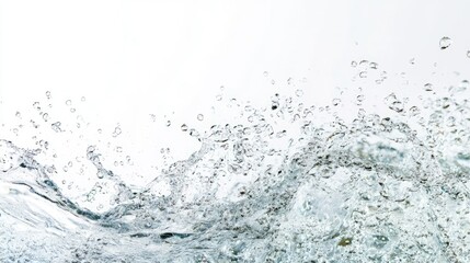 Artistic top-down image of glittering clear water waves on a white background, capturing the delicate sparkle and smooth motion of the waves.