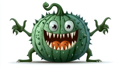 Fototapeta premium Funny Green Monster Cartoon Character With Spikes
