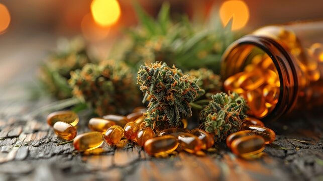 Medical marijuana and CBD capsules with cannabis buds on rustic table