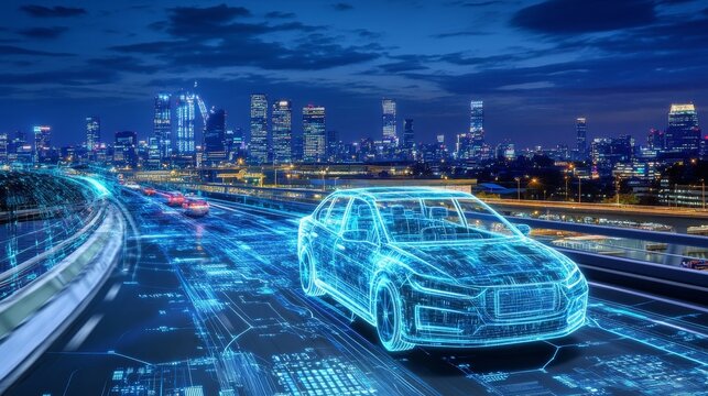 In a movie, an autonomous car is depicted on the road that scans its surroundings and navigates safely without a human driver.