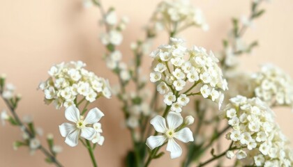 Fototapeta premium White gypsophila flowers or baby's breath flowers close up on beige background selective focus banner. Copy space. Flowers background, ai