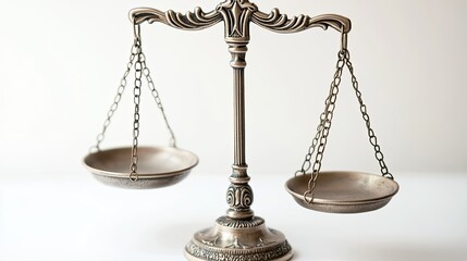 Close-up of classic justice scales on a white background, designed for a law office setting, with a focus on the elegant, balanced design.