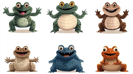 Fototapeta premium Cute Cartoon Frogs Set Green Brown Blue and Orange