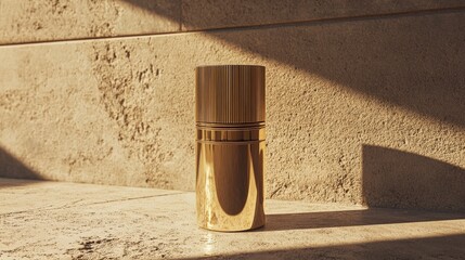 Golden Cylinder Against Textured Wall in Warm Sunlight Minimalist Product Mockup