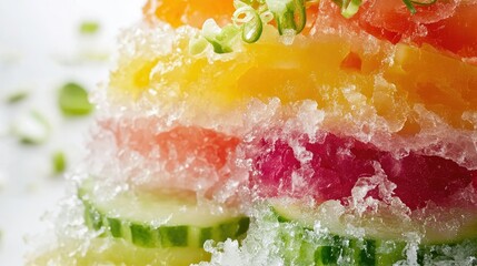 Close-up of shaved ice stacked with vibrant fresh vegetables, set against a clean white background, blending cool and crisp elements.