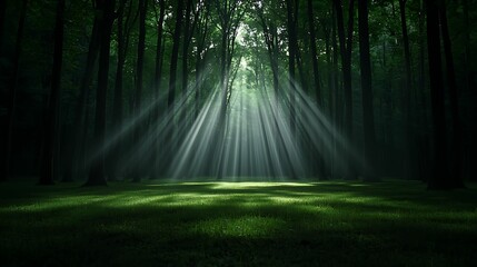 Radiant beams of sunlight illuminating a sacred grove, soft light casting long shadows, spiritual stillness, copy space for text,