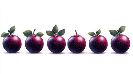 Row of Passion Fruits with Leaves Isolated on White Background