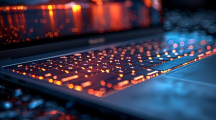 Close-up of illuminated laptop keyboard with blurred lights in background