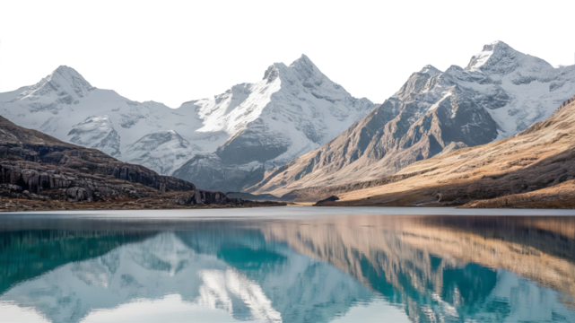Beautiful mountain range with a large body of water in the foreground isolated on transparent background