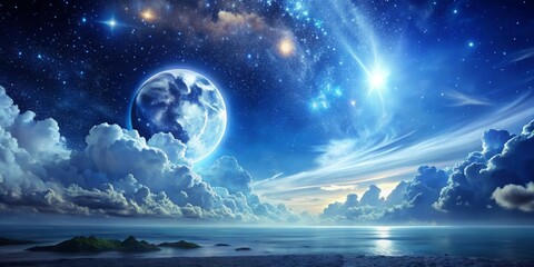 In the expanse of moonlit blue, the heavens converge in a dance of ethereal beauty, as cosmic rhythms echo through the ages.