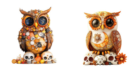 Fototapeta premium Colorful and whimsical owls adorned with decorative elements, perfect for autumn-themed designs and owl lovers.