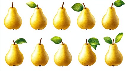 Fresh Yellow Pears with Green Leaves Isolated on White Background