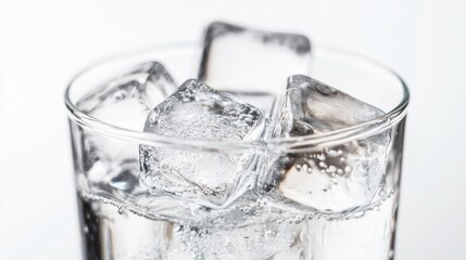 Detailed shot of clear ice cubes in a glass filled with water, isolated on a white backdrop, emphasizing the clean, refreshing look.