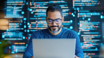 A focused man works on a laptop with code displayed on a screen, showcasing modern technology and programming skills.