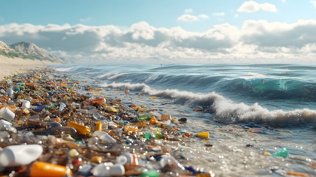 54. Detailed 3D render of a polluted beach with plastic debris and chemical waste affecting marine ecosystems, set against a clean background