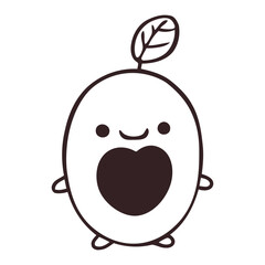 A cute, round white character with a leaf on its head and a heart-shaped mouth, against a plain white background