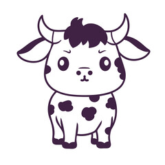A cute cartoon cow with large eyes, a small nose, and black spots on a white background