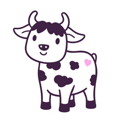 A cute cartoon cow with black spots, large eyes, and horns