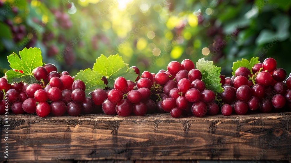 Wall mural Red grapes on wooden table in lush vineyard setting