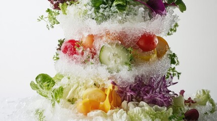 Detailed shot of shaved ice layered with colorful fresh vegetables, arranged on a white backdrop, showcasing a unique and refreshing combination.