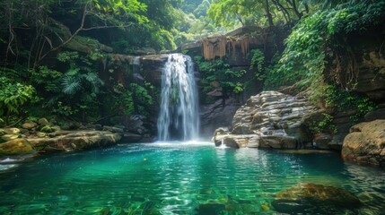 A refreshing waterfall cascading into a crystal-clear pool, surrounded by lush green foliage