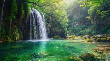 Fototapeta premium A refreshing waterfall cascading into a crystal-clear pool, surrounded by lush green foliage