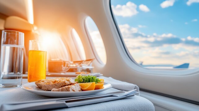 An exquisite meal served on a plane, showcasing comfort and luxury with a stunning sky view through the window.