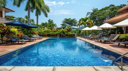 A sparkling swimming pool with clear blue water, surrounded by sun loungers and palm trees