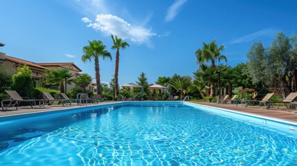Fototapeta premium A sparkling swimming pool with clear blue water, surrounded by sun loungers and palm trees