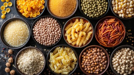 Variety of raw cereals, grains, and pasta in bowls