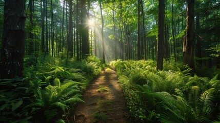 Obraz premium A sun-dappled forest path with lush green ferns and tall trees reaching towards the sky