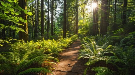 Fototapeta premium A sun-dappled forest path with lush green ferns and tall trees reaching towards the sky