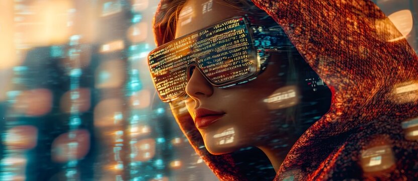 A cyberpunk female hacker wears a hoodie and glasses in neon colors. Stock image.