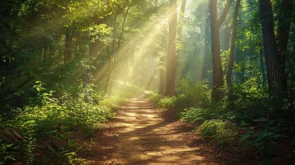 Obraz premium A sun-drenched path through a forest, with sunlight filtering through the green canopy above