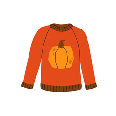 Autumn red sweater with pumpkin design isolated on a white background. Cozy fall. Vector flat illustration. Knitting clothes