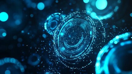 The background of this stock image is dark blue with futuristic glowing circle lines.