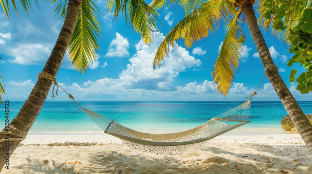 Poster A tropical beach with white sand, clear blue waters, and a hammock strung between two palm trees