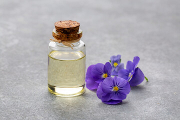 Glass bottle of essential viola oil with fresh violet flowers, beauty treatment, alternative medicine