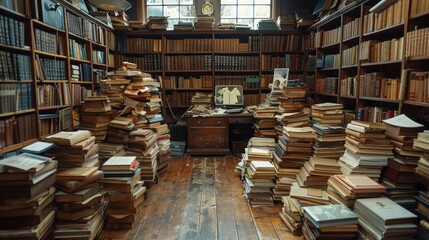 Obraz premium Stacks of old books filling a cozy library space