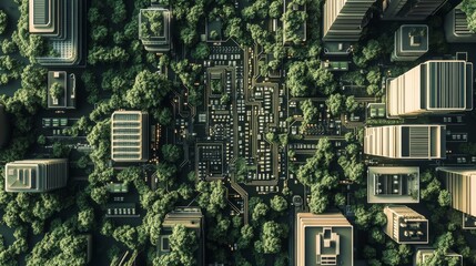 A circuit board made of foliage, a high-tech city with buildings and greenery in the top left corner