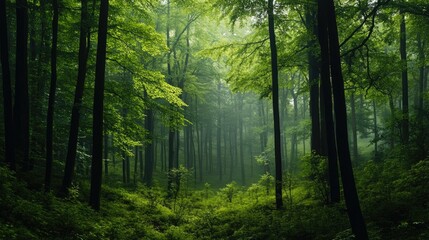 Obraz premium Minimalist forest view with clean, abstract trees and subtle green foliage, capturing a peaceful and uncluttered natural setting.